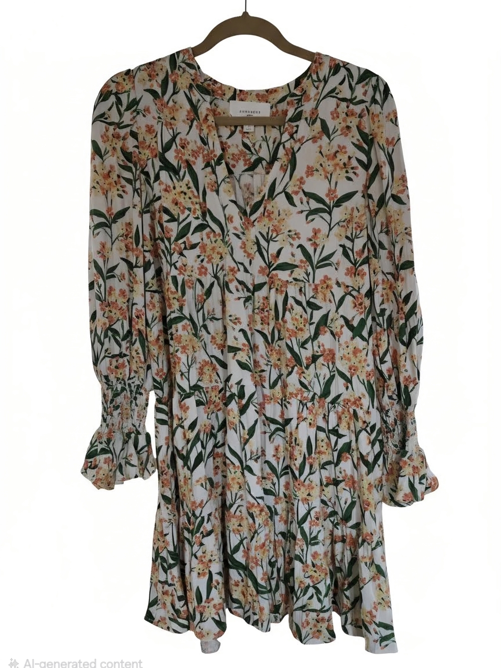Pomander Place Long-Sleeve Floral Tiered Dress - White with Peach and Green